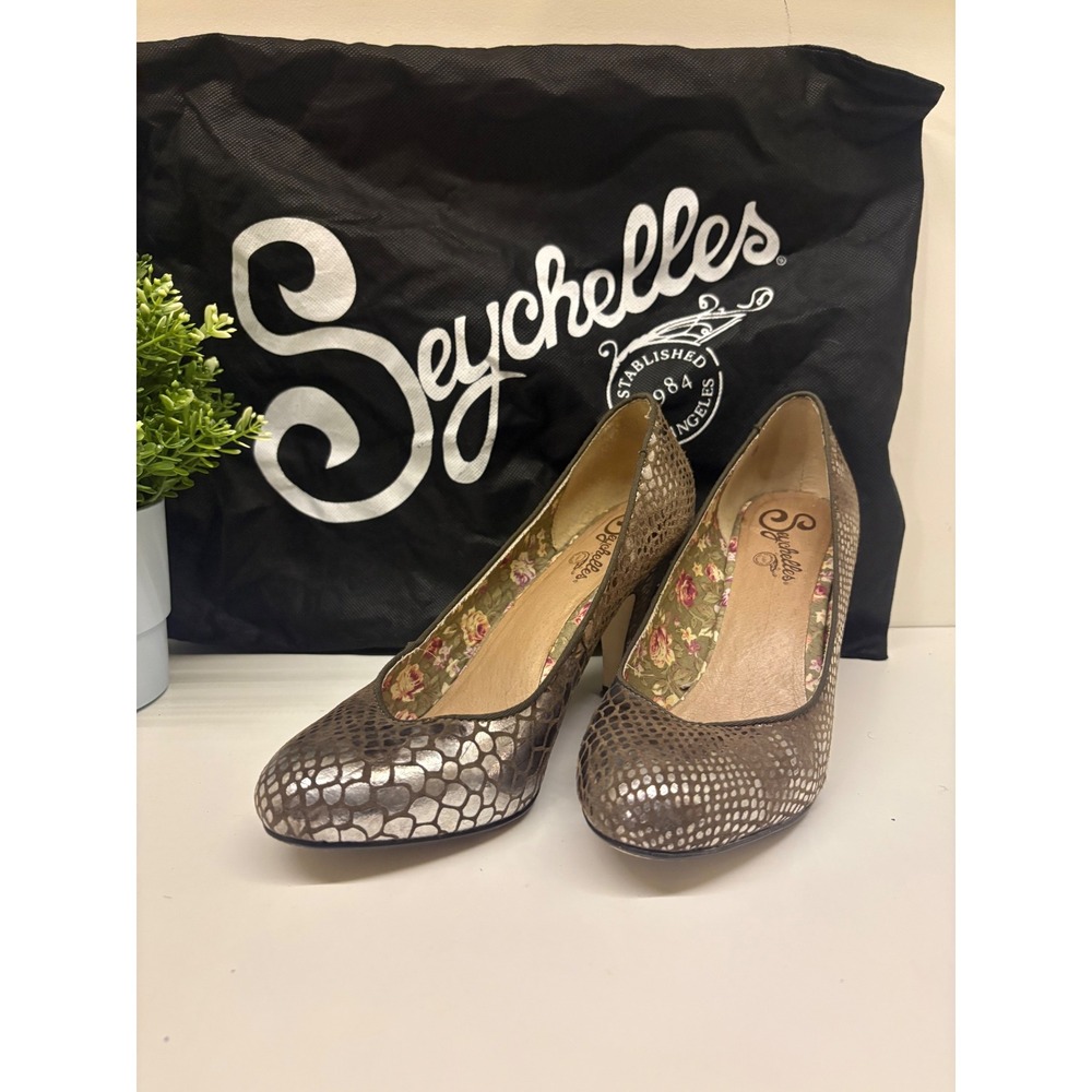 Metallic Snakeskin Leather Pumps Bronze Silver Floral Lining Size 8